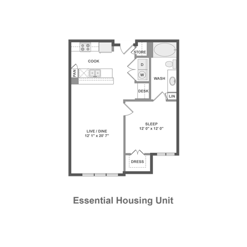 Floor plan for 1 bed, 1 bath, 711 sqft