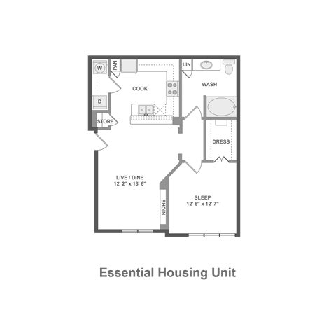 Floor plan for 1 bed, 1 bath, 755 sqft
