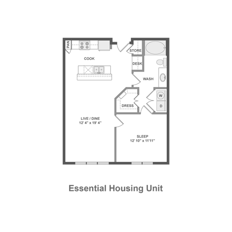 Floor plan for 1 bed, 1 bath, 753 sqft