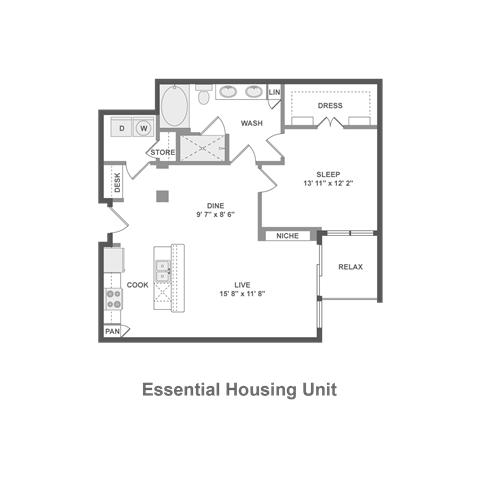 Floor plan for 1 bed, 1 bath, 894 sqft