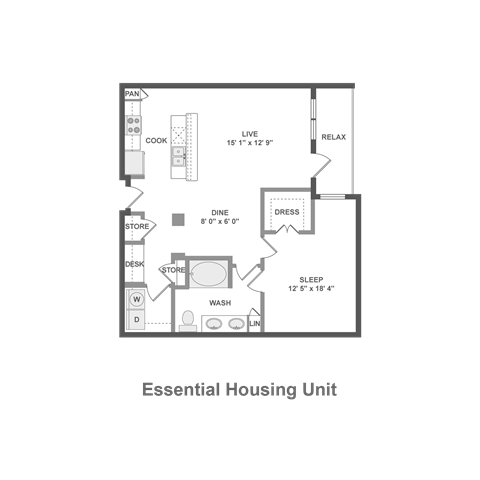 Floor plan for 1 bed, 1 bath, 908 sqft
