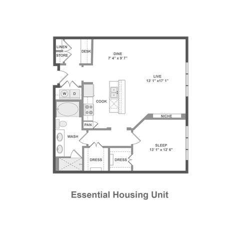 Floor plan for 1 bed, 1 bath, 946 sqft