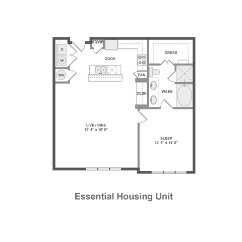 Floor plan for 1 bed, 1 bath, 966 sqft