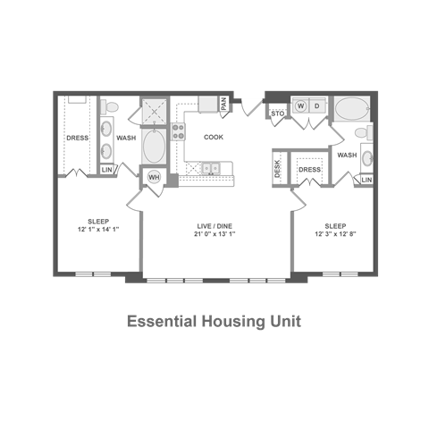 Floor plan for 2 beds, 2 baths, 1215 sqft