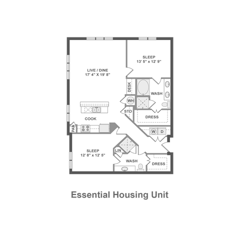 Floor plan for 2 beds, 2 baths, 1293 sqft
