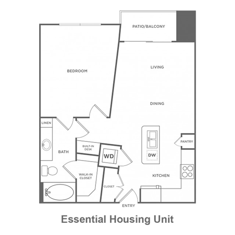 Floor plan for 1 bed, 1 bath, 738 sqft