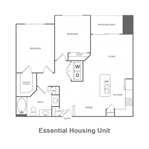 Floor plan for 2 beds, 1 bath, 948 sqft