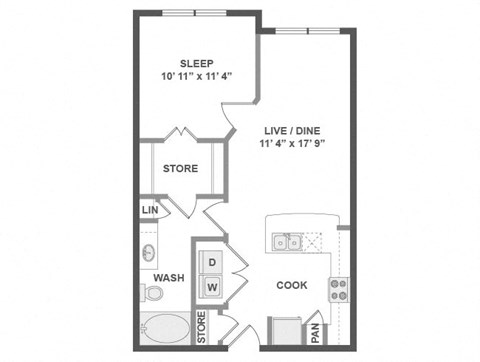 Floor plan for 1 bed, 1 bath, 643 sqft