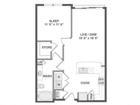 Floor plan for 1 bed, 1 bath, 720 sqft