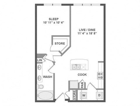 Floor plan for 1 bed, 1 bath, 782 sqft