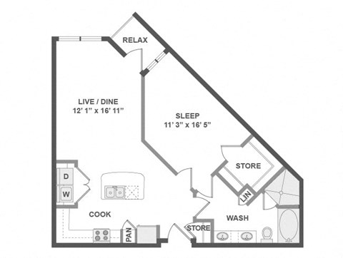 Floor plan for 1 bed, 1 bath, 805 sqft