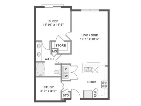 Floor plan for 1 bed, 1 bath, 877 sqft