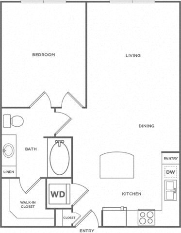 Floor plan for 1 bed, 1 bath, 714 sqft