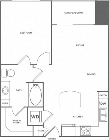 Floor plan for 1 bed, 1 bath, 714 sqft