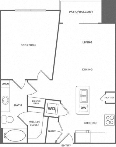 Floor plan for 1 bed, 1 bath, 738 sqft