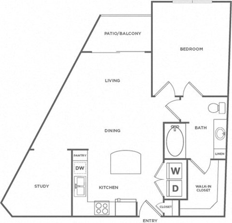 Floor plan for 1 bed, 1 bath, 789 sqft