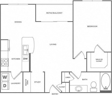 Floor plan for 1 bed, 1 bath, 811 sqft