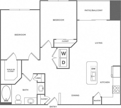 Floor plan for 2 beds, 1 bath, 1017 sqft
