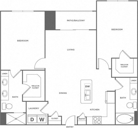 Floor plan for 2 beds, 2 baths, 1171 sqft