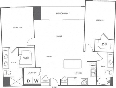 Floor plan for 2 beds, 2 baths, 1202 sqft
