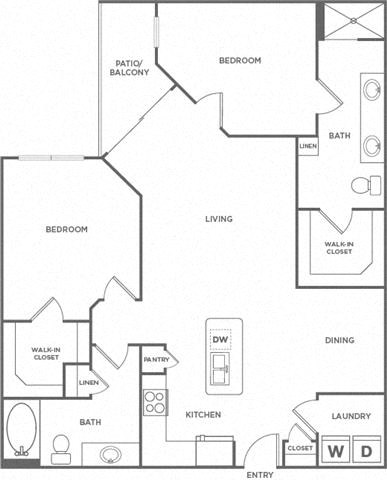 Floor plan for 2 beds, 2 baths, 1295 sqft