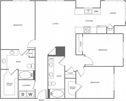 Floor plan for 3 beds, 2 baths, 1422 sqft