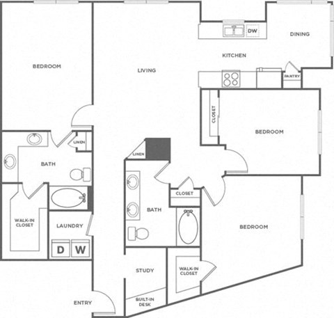 Floor plan for 3 beds, 2 baths, 1522 sqft