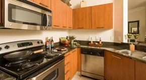 Houston apartment for rent - a kitchen with a stove and a sink and a microwave