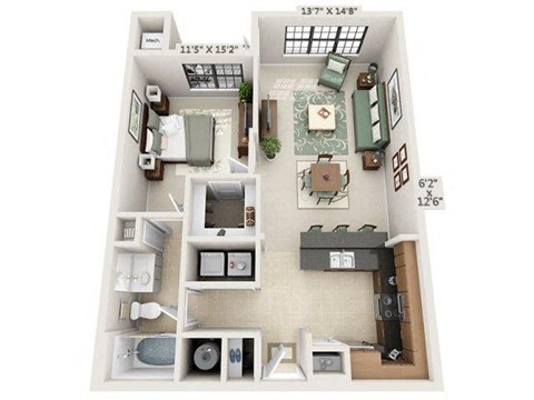Floor plan for 1 bed, 1 bath, 718 sqft
