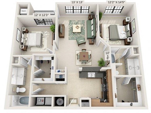 Floor plan for 2 beds, 2 baths, 1159 sqft
