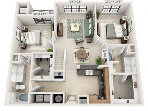 Floor plan for studio, 2 baths, 1247 sqft