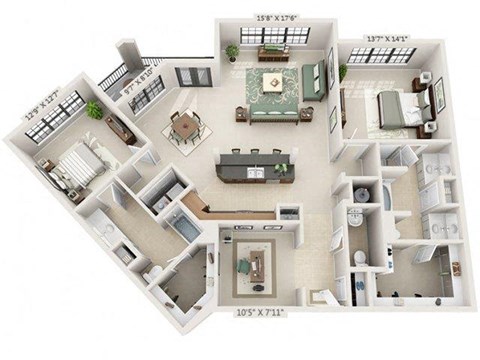Floor plan for 2 beds, 2 baths, 1562 sqft