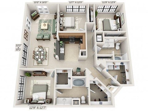 Floor plan for 3 beds, 2 baths, 1478 sqft
