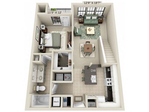 Floor plan for 1 bed, 1 bath, 989 sqft