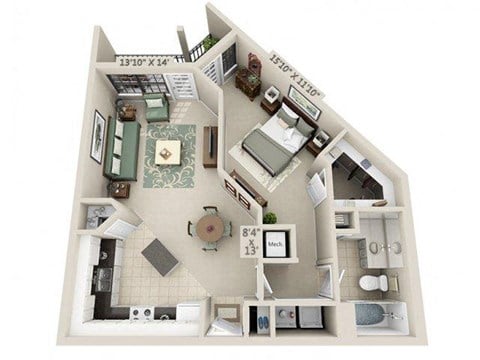 Floor plan for 1 bed, 1 bath, 816 sqft