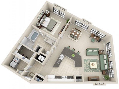 Floor plan for 1 bed, 1 bath