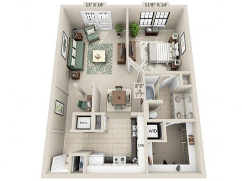 Floor plan for 1 bed, 1 bath, 816 sqft