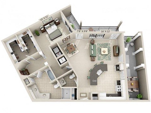 Floor plan for 1 bed, 1 bath, 1259 sqft