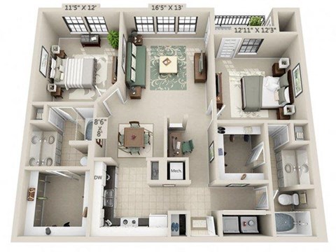 Floor plan for 2 beds, 2 baths, 1189 sqft