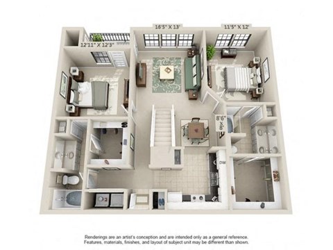 Floor plan for 2 beds, 2 baths, 1396 sqft
