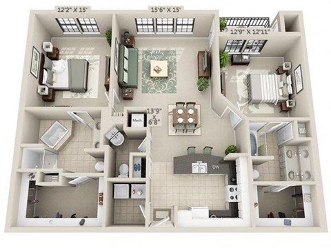 Floor plan for 2 beds, 2 baths, 1280 sqft
