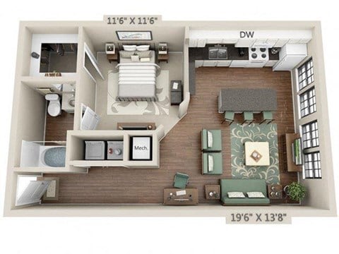 Floor plan for studio, 1 bath, 643 sqft