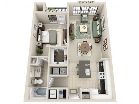 Floor plan for 1 bed, 1 bath, 770 sqft