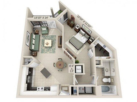 Floor plan for 1 bed, 1 bath, 816 sqft