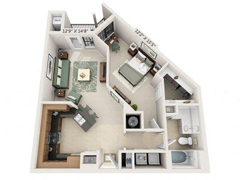 Floor plan for 1 bed, 1 bath, 786 sqft