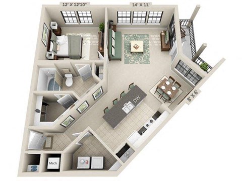 Floor plan for 1 bed, 1 bath, 816 sqft