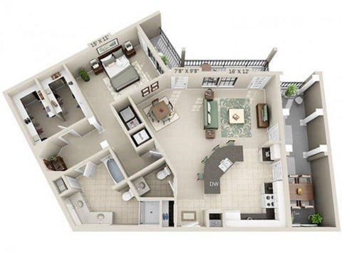 Floor plan for 1 bed, 1 bath, 1259 sqft
