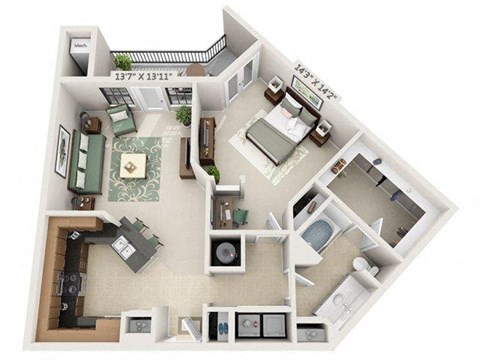 Floor plan for 1 bed, 1 bath, 907 sqft