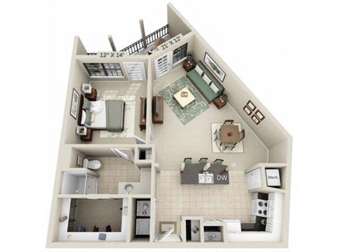 Floor plan for 1 bed, 1 bath, 839 sqft