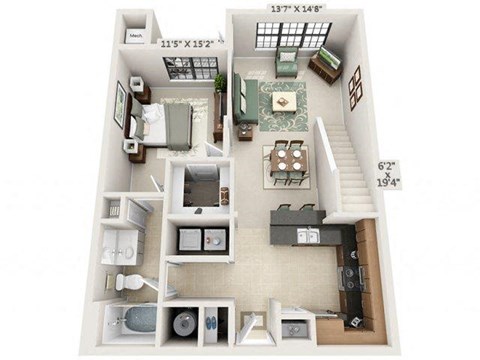 Floor plan for 1 bed, 1 bath, 1015 sqft